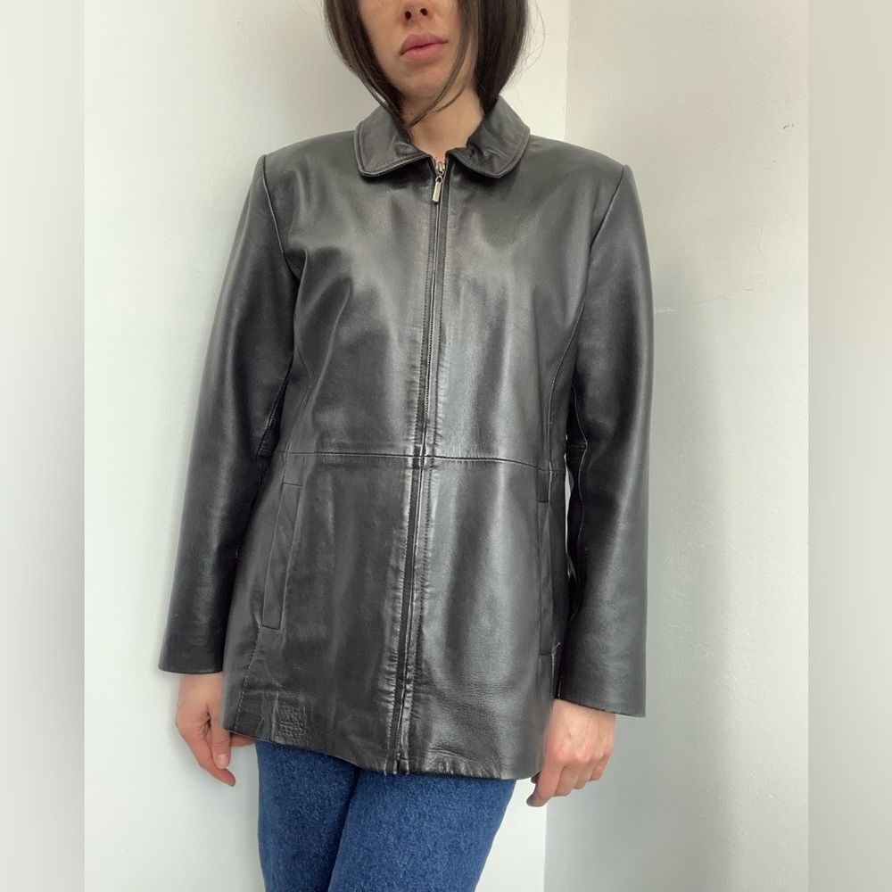 Vintage 90's Black Leather Jacket Minimalist Collared Zip Front Size M